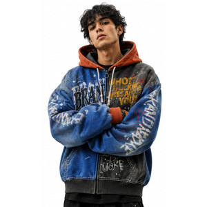Sweat à capuche zippé surdimensionné pour homme, imprimé denim, style streetwear, avec poche et logo graphique audacieux sur le devant, orange - Product Image 2