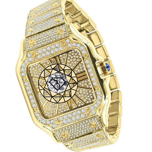 Reloj rectangular de oro amarillo con bisel de diamantes y brazalete, reloj analógico de cuarzo con esfera de cristal de zafiro y cierre plegable - Product Image 4