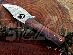 Cuchillo de caza OEM Wirecut de acero de Damasco, cuchillo Skinner con mango de madera, hoja fija para camping, cuchillo EDC para exteriores con funda de cuero - Product Image 6