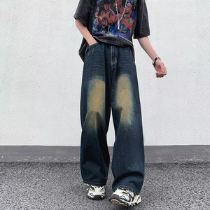 Vaqueros de mezclilla de pierna ancha con efecto desgastado, cintura alta, ajuste holgado, de algodón, estilo urbano, pantalones para hombre con estampado, moda de primavera - Product Image 5