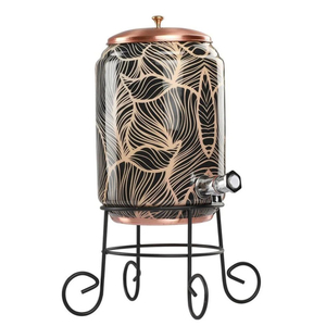 Dispensador de agua de cobre puro esmaltado a mano con soporte de hierro forjado, 5 litros, Matka de cobre ayurvédico de diseño para el hogar - Product Image 1