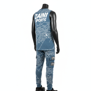 Conjunto de Mujer: Top sin Mangas y Pantalón Cargo de Algodón y Poliéster con Paneles Gráficos Azul Polvoriento y Blanco, Logotipo Personalizado con Serigrafía - Product Image 5