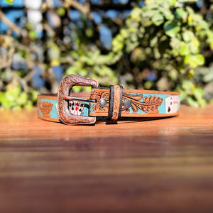 Ceinture en cuir Western Casino avec cuir peint de couleur turquoise travaillé à la main, ceinture Western - Product Image 3