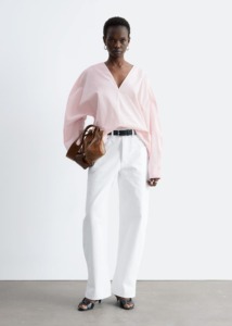 Chemisier ample en coton blanc à col en V pour femme, manches longues, coupe décontractée, vente en gros ODM, haut personnalisé - Product Image 3