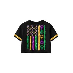 Women's <b>Black</b> <b>Sequin</b> Mardi Gras Y'all T-Shirt Short Sleeve Crop <b>Top</b> With Truck And Fleur De Lis Design - Product Image 4