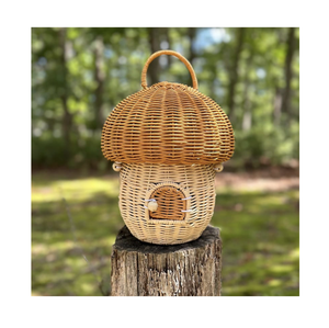 Panier à champignons en bambou fait main, durable, à pois rouges et blancs, décoration de Noël pour la maison, sac de rangement artisanal - Product Image 2