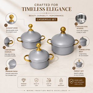Juego de Cazuelas de Acero Inoxidable Aisladas de Lujo en Gris con Asas Doradas, Aptas para Alimentos, Ollas para Servir, Utensilios de Cocina Premium, Regalo - Product Image 3