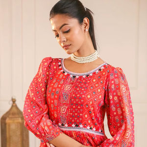 Vestido Midi de Muselina Suave con Estampado Étnico Indio, Inspirado en Anarkali, Cuello Redondo, Antiarrugas, Diseño Moderno para Mujer - Product Image 1