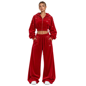 Ensemble coordonné de luxe pour femme en velours orné de cristaux, comprenant un sweat à capuche court zippé et un pantalon palazzo coupe décontractée, collection automne, personnalisable OEM ODM pour marques de mode - Product Image 1