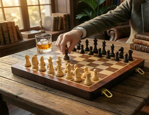 Échiquier et décoration d'échecs au design ouvert pour la maison, le bureau, cadeau de style de vie et boîte de collection décorative avec pièces d'échecs - Product Image 1