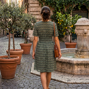 Vestido Estampado con Cuello en V, Corte en A, Largo hasta la Rodilla, Cintura Elástica, Manga Corta, Transpirable, de Algodón Tejido, Estilo Casual, Vintage, para Uso Diario, Verano - Product Image 2