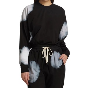 Sudadera Negra Blanca con Efecto Decolorado y Puntos Circulares, Cuello Redondo, para Mujer, Estilo Minimalista Urbano, Algodón Oversize, OEM Personalizado - Product Image 5