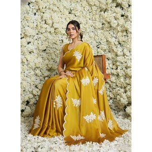 Handmade Embroidery Sequence <b>Saree</b> with Cutwork Border Floral Print Organza Party Wear Fashion Feature - Product Image 5