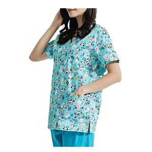 Premium Turquoise V-Neck <b>Scrub</b> <b>Top</b> Featuring a Cartoon Puppy Print Customize Hospital Nurse Medical Doctor Nursing Workwear - Product Image 1