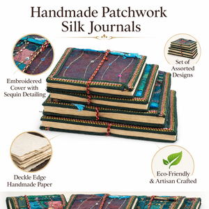 Handmade Patchwork Embroidered <b>Silk</b> Journal Set with Deckle Edge Paper Eco Friendly Vintage Notebook Bulk Gift Set - Product Image 6