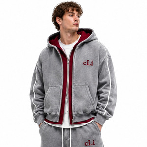 Sudadera con capucha gris de doble capa de peso pesado, estilo vintage con lavado ácido, chaqueta con cremallera, bordado personalizado, forro polar en contraste, ropa urbana para hombre - Product Image 3