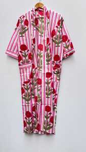 Robe longue en coton pour femmes, rayée, florale, col en v, vêtements de nuit décontractés, manches trois quarts, printemps - Product Image 6