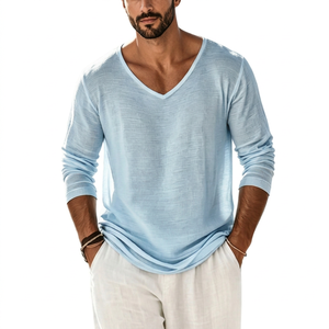 T-shirt en tricot à manches longues pour homme, bleu clair, col en V, coupe ample, décontracté, couleur unie, respirant, en coton - Product Image 4