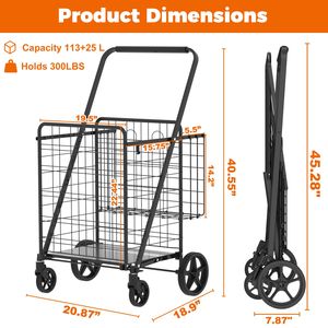 Carrello spesa pieghevole extra large con doppio cestello, rotazione a 360 gradi, su ruote - Product Image 2