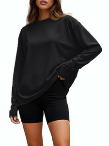 Camiseta de punto de manga larga para mujer, cuello redondo, holgada, transpirable, 100% algodón, estilo oversize - Product Image 3