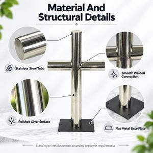 Croix funéraire en acier inoxydable poli, tube rond poli avec base métallique pour cimetière, <span class=keywords><strong>pierre</strong></span> <span class=keywords><strong>tombale</strong></span>, commémoration, vente en gros OEM ODM - Product Image 3