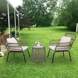 Set Bistrot da Esterno in Vimini Marrone a 3 Pezzi con 2 Sedie, Tavolino Laterale con Piano in Vetro e Cuscini - Ideale per Conversare - Product Image 4