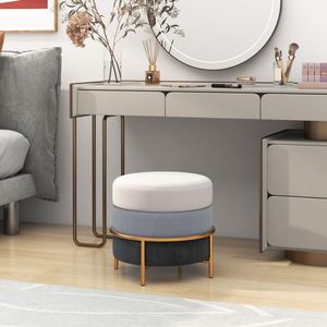 Pouf rembourré en tissu de lin avec pieds en métal doré et patins antidérapants - Tabourets et poufs - Product Image 3