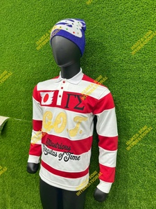 Men's Long Sleeve Cotton <b>Polo</b> Shirt Red <b>White</b> Striped Letter Print Casual Breathable Knitted Front Logo Design - Product Image 2