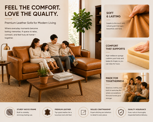Mid Century Modern Cognac Leather L Shape <b>Sofa</b> Set Loveseat Detached Chaise Lounge for Relaxing After Work or Movie Nights - Product Image 5