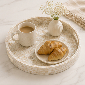 Bandeja Redonda de Nácar Blanco, Bandeja de Servir de Concha de Capiz, Patrón de Mosaico de Vieiras, Bandeja Decorativa para Mesa de Centro para el Hogar y Hoteles - Product Image 2
