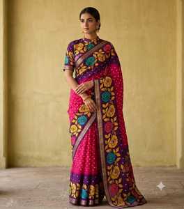 Sari en soie Dola douce imprimé Bandhni avec bordure tissée jacquard - Product Image 1
