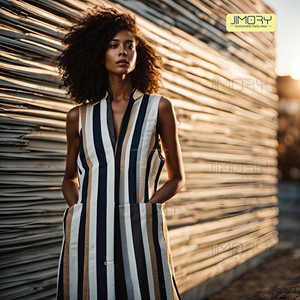 JE2029 Vente en gros de vêtements personnalisés classique robe longue à rayures noires et blanches plissées styles sexy à rayures vintage pour le marché américain - Product Image 2