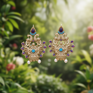 Peacock Style Matte Designer <b>Earrings</b> with <b>Diamond</b> <b>and</b> <b>Pearl</b> - Product Image 2
