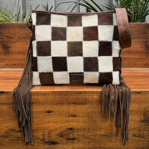 Bolsos de lujo con flecos de diseñadores a cuadros para mujer, bandolera de marca de piel de vaca para mujer, bolso cruzado superventas a la moda - Product Image 4