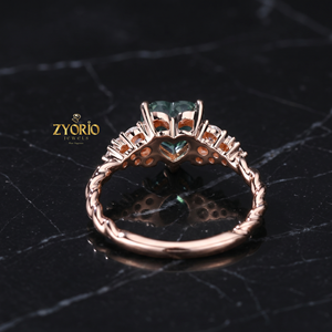 Anillo de compromiso de plata de ley 925 con ágata musgosa tallada en forma de corazón, anillo de promesa con racimo de diamantes y ágata musgosa verde para mujer - Product Image 5