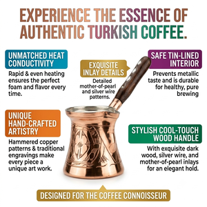 Cezve en cuivre gravé avec incrustations de nacre et poignée en bois, pour café turc, Ibrik arabe, Briki grec, chauffe-lait pour cuisinière, OEMs - Product Image 5