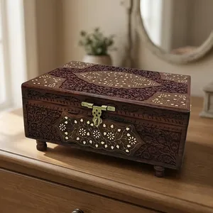 Handcrafted Wooden Jewelry Box with Carved Floral Design and Brass Lock Storage Organizer From Uttarakhand for Home Decor - Product Image 3