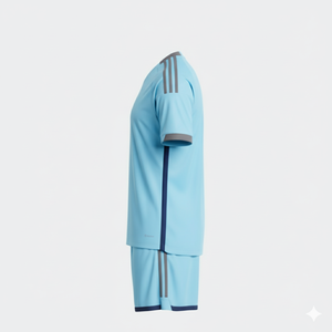 Ensemble de maillot et short de football bleu clair pour homme, col rond, manches courtes, polyester respirant, uniforme de football toutes saisons - Product Image 1