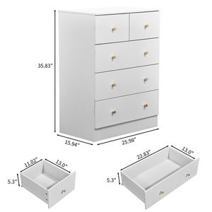 Cassettiera 3+2 cassetti con maniglie oro opaco, in truciolato bianco con finitura melaminica testurizzata, 66x40x91 cm - Product Image 1
