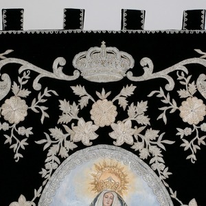 Custom Hand Embroidered Black Velvet Religious Standard Christian Church Processional <b>Banner</b> with Silver Bullion Flowers & Crown - Product Image 5