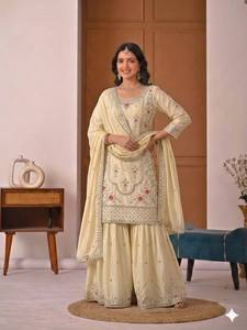 Traje Salwar Bordado en Crema para Mujer, Conjunto Kurti Palazzo Dupatta, Seda Artificial, Atuendo Festivo para Bodas y Fiestas - Product Image 4