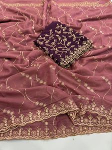 AARA Fashion Elegant Pink Silk Saree <b>Gold</b> Embroidery <b>Blouse</b> for Wedding Occasion Women Traditional Indian Wear Sun Protection - Product Image 6