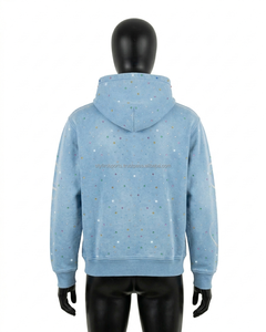 Custom Y2K Streetwear Rhinestone Zip Hoodie Men Heavyweight Washed <b>Blue</b> Solid Graphic Acid Wash Regular Fit High Quality Fleece - Product Image 2