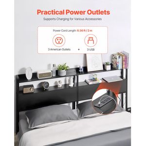 Adjustable Height <b>Headboard</b> for <b>King</b> <b>Size</b> <b>Bed</b> with 2 Shelves Storage Freestanding Charging Station Bedroom Furniture - Product Image 2