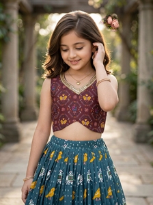 ชุดเลเฮนกาโชลีสำหรับเด็กผู้หญิง แฟชั่นสไตล์อินเดีย ชุดพื้นเมือง ผ้าเรยอน ยาวคลุมเท้า พิมพ์ลายดิจิทัล สำหรับงานเทศกาลและงานปาร์ตี้ - Product Image 6