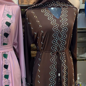 Hot sale Modest Dubai Beaded Sequined <b>Long</b> Sleeve Abaya Muslim Traditional Handmade Wedding Women Polyester Breathable V Neck - Product Image 1