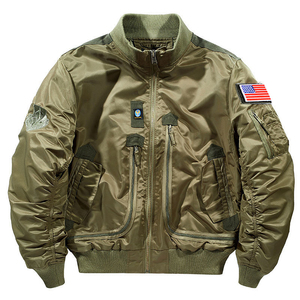 Blouson bomber bleu marine pour homme avec patch drapeau américain, col montant, fermeture éclair, coupe-vent décontracté en nylon - Product Image 5