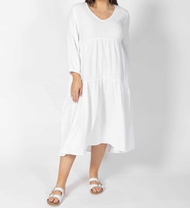 Robe longue décontractée à volants en lin et coton, col en V, coupe trapèze, manches 3/4 personnalisées, style estival naturel - Product Image 5