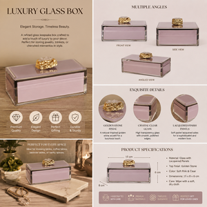 Mauve <b>Pink</b> Glass Jewelry Storage Box with Golden Stone Accent Crystal Clear Glass Lacquered Finish Decorative Keepsake Organizer - Product Image 2