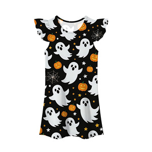 Girls Halloween Printed <b>Dress</b> <b>Flutter</b> <b>Sleeve</b> A-Line Cartoon Ghost Pumpkin Pattern Cute Mini Length O-Neck Chiffon <b>Dress</b> - Product Image 5
